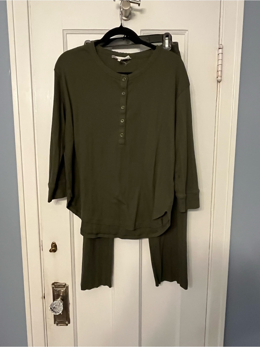 THE GREAT. Sleep Olive Green Henley Pointelle Crop Lounge Set 2pcs Small 1